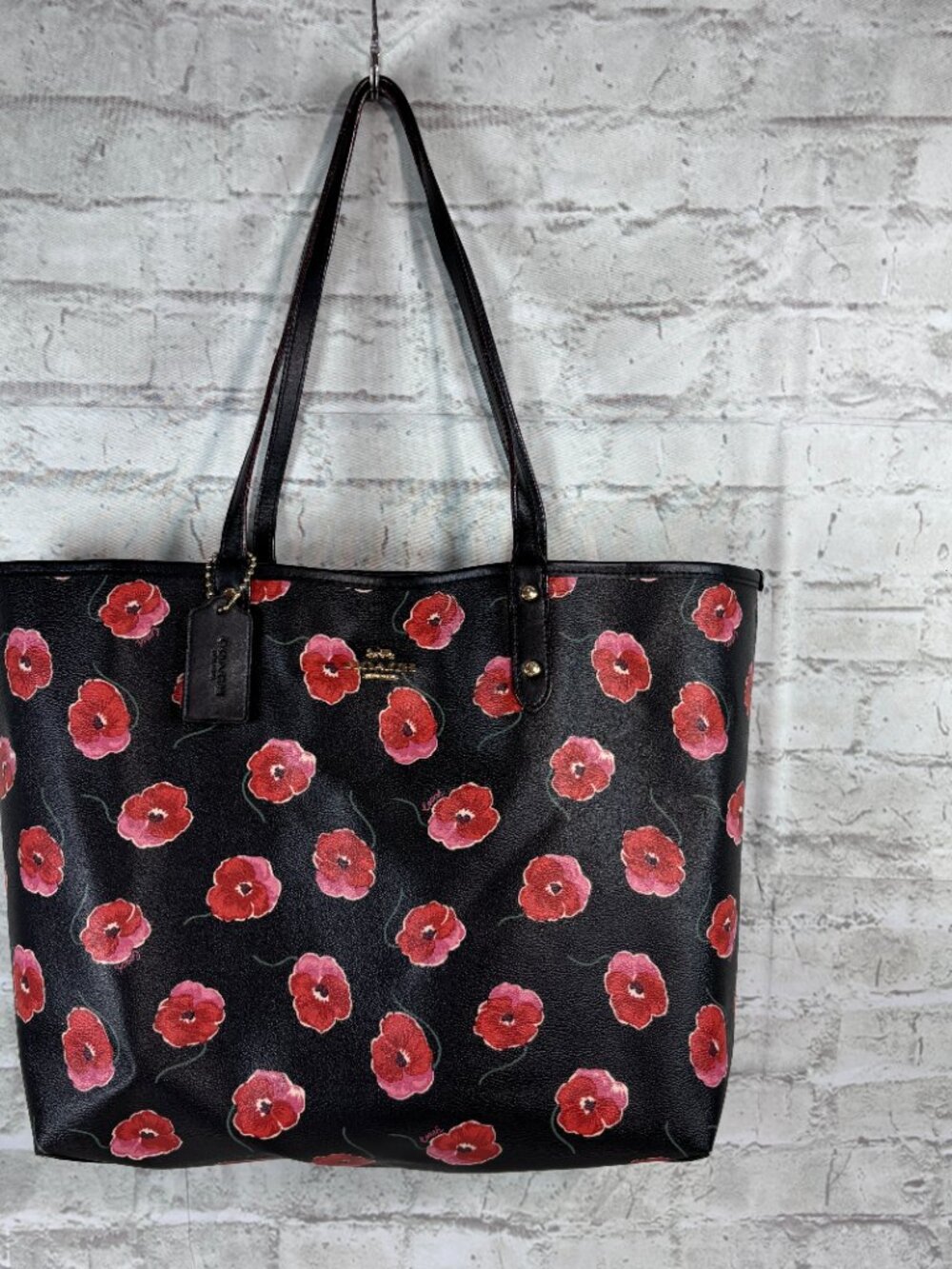 Coach Reversible City Tote featuring a vibrant red and pink poppy floral print - Picture 11 of 16